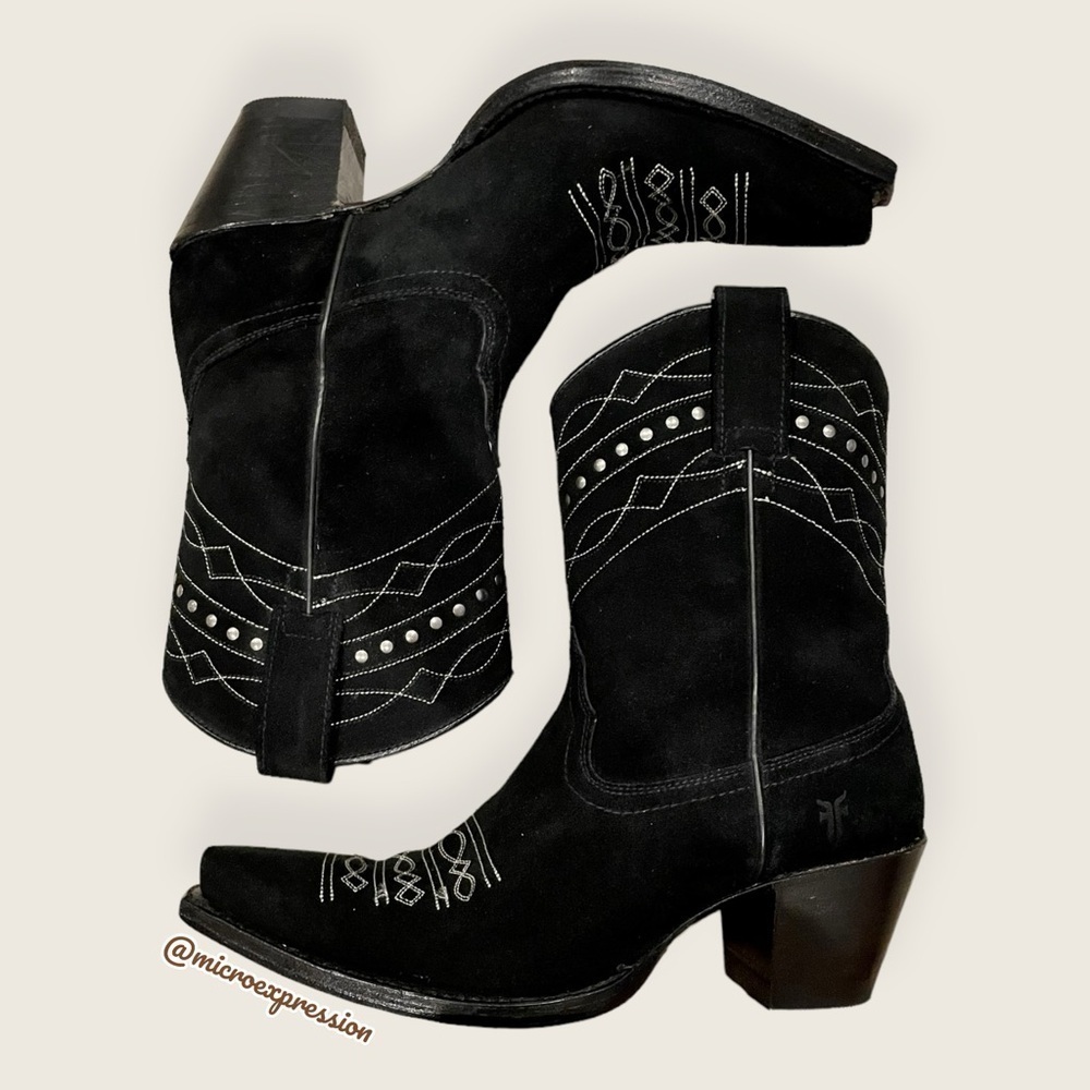 1980 Frye VINTAGE Black Suede Leather Embroidered Boho PullOn Heeled Cowboy Boot - Picture 14 of 14